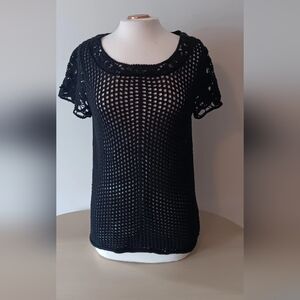 Peter Nygard Crochet Top Black Large Short Sleeve Womens